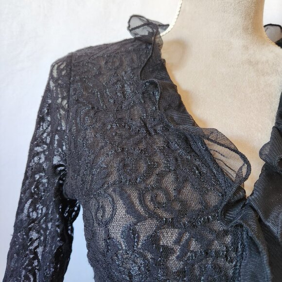Uniform John Paul Richard Women's Size M Black Sheer Ruffle Lace Faux Button Top - Picture 4 of 13